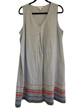 J. Jill Love Linen Light Blue V-Neck Dress Striped Hem Above Knee Length